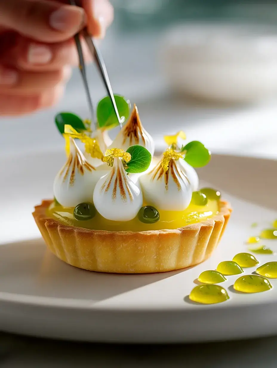 Slice of Citrus Blossom Tart served with basil gel and edible flowers.
