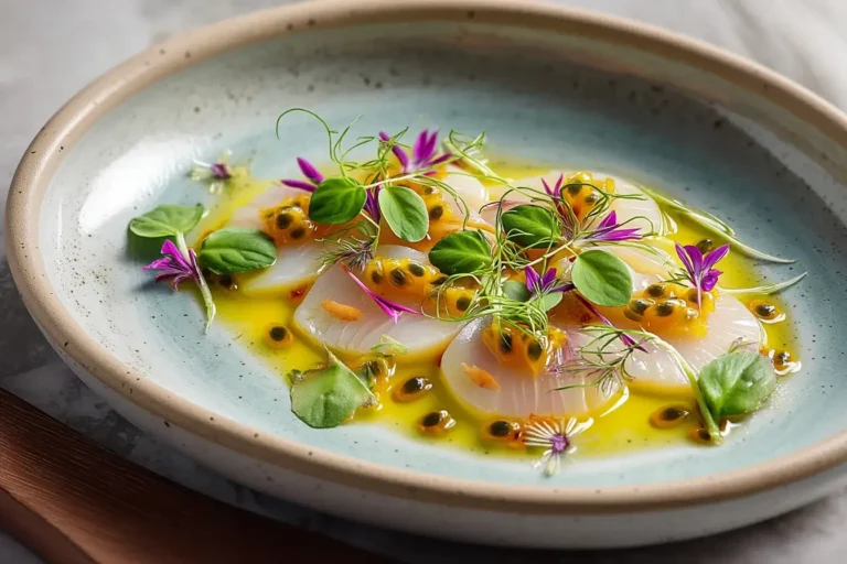 Scallop Ceviche with Passion Fruit Vinaigrette plated on a white ceramic dish.