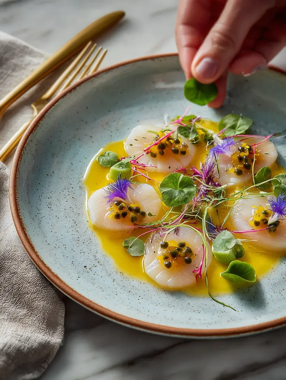 A woman chef’s hands adding coriander blossoms to plated Scallop Ceviche.