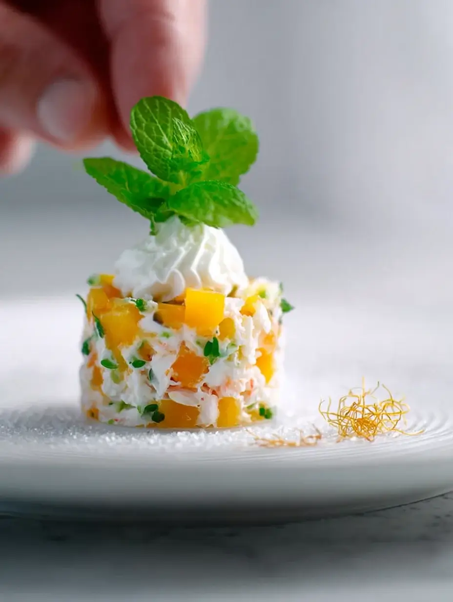 Adding lime Chantilly to the crab and mango cylinder