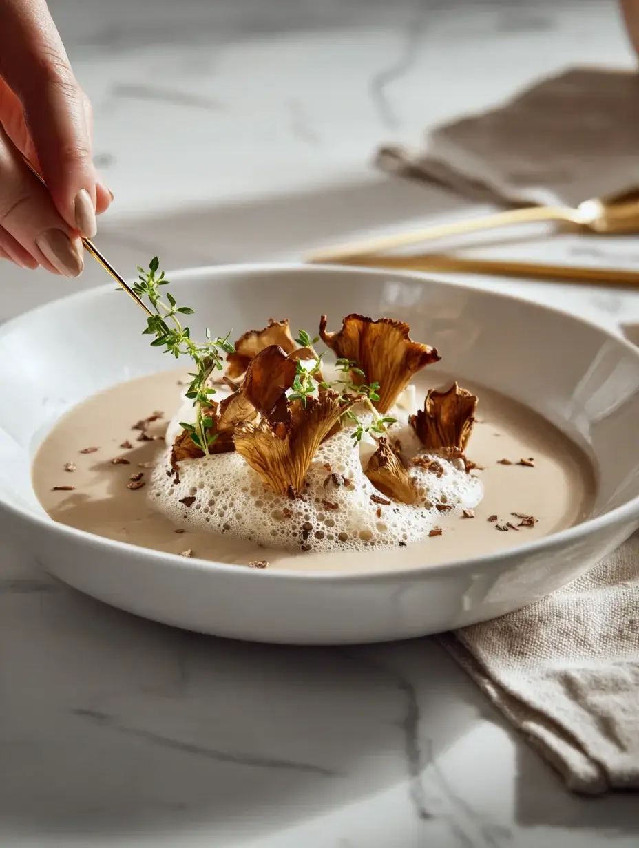 Bowl of Wild Mushroom Velouté ready to serve