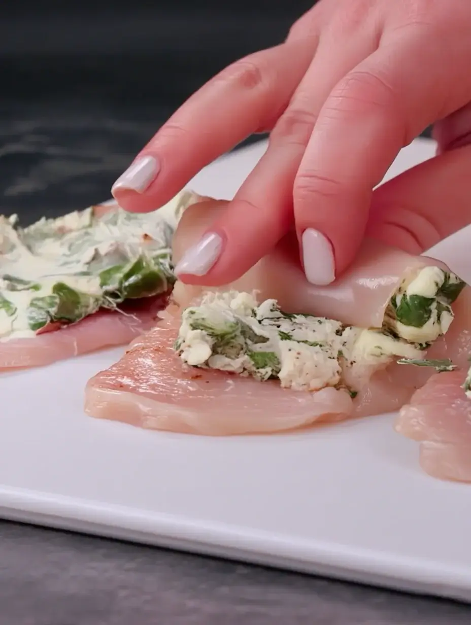 Rolling stuffed chicken breast to prepare Chicken Roulade Slice.