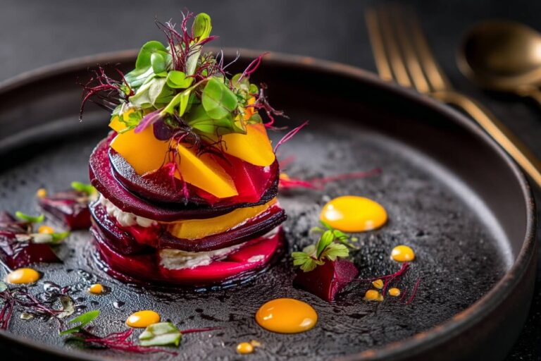 Beetroot Mille-Feuille plated on marble countertop in natural light.