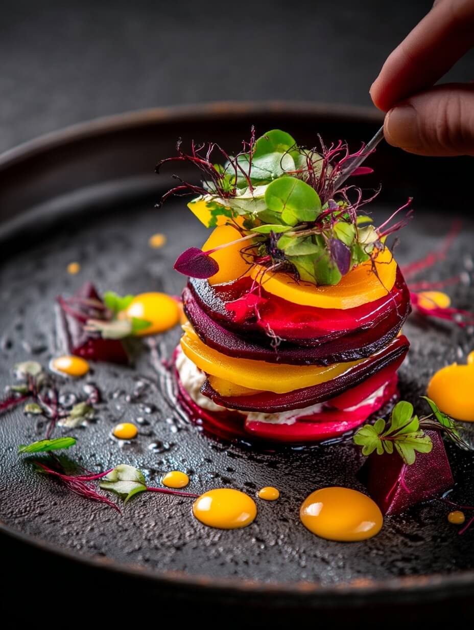 Assembling Beetroot Mille-Feuille with layers of beet and goat cheese.
