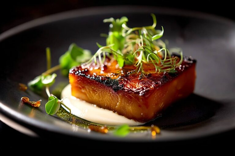Sweet Potato Fondant with Smoked Almond Cream and Rosemary Oil.