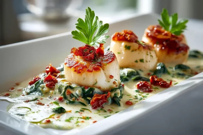 Creamy Tuscan Scallops with spinach and sun-dried tomatoes on marble counter