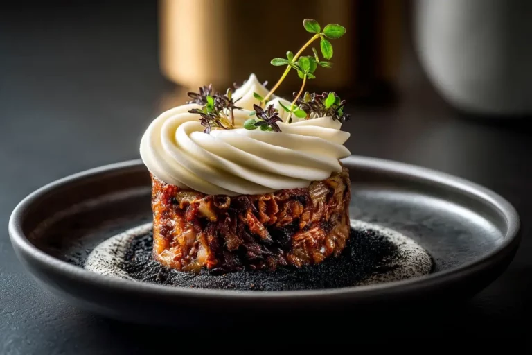 Mini Duck Confit Parmentier with Potato Chantilly on a modern plate.