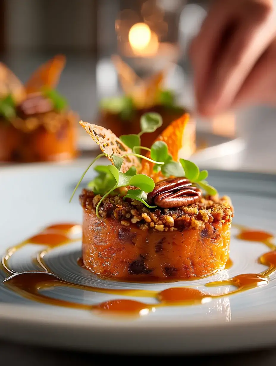 Individual servings of maple sweet potato casserole with maple pecan garnish.