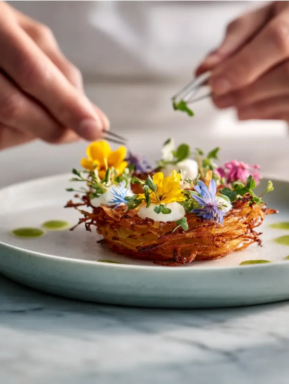 Final plated Crispy Potato Crown with herbs and flowers.