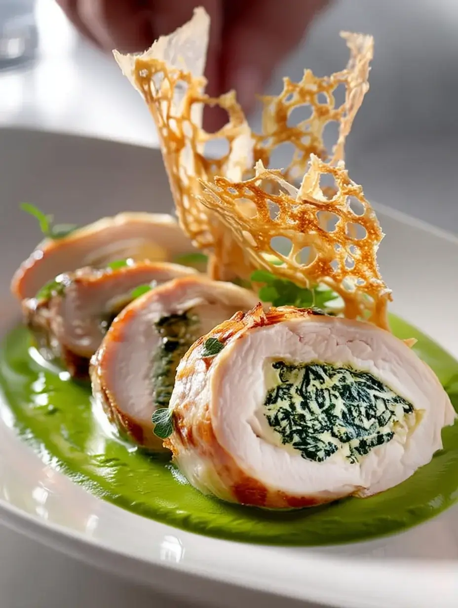 Plating Chicken Roulade Slice with spinach cream and Parmesan tuile.