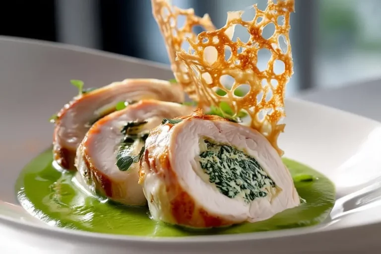 Chicken Roulade Slice with spinach cream and Parmesan tuile served on marble countertop.