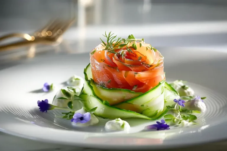 Smoked salmon rose with cucumber ribbons and lemon dill cream plated on marble countertop.