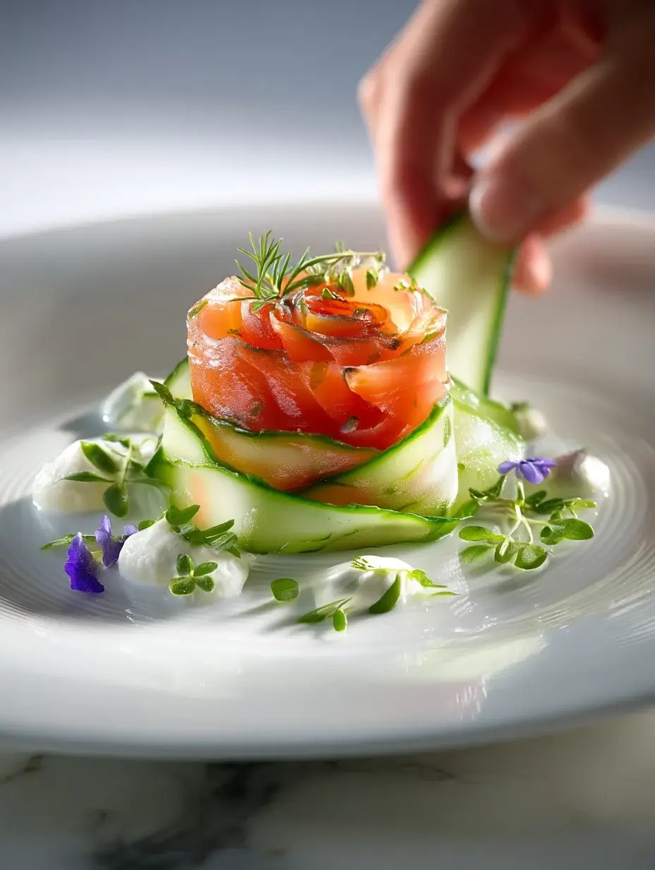Hands shaping thin smoked salmon strips into a rose.