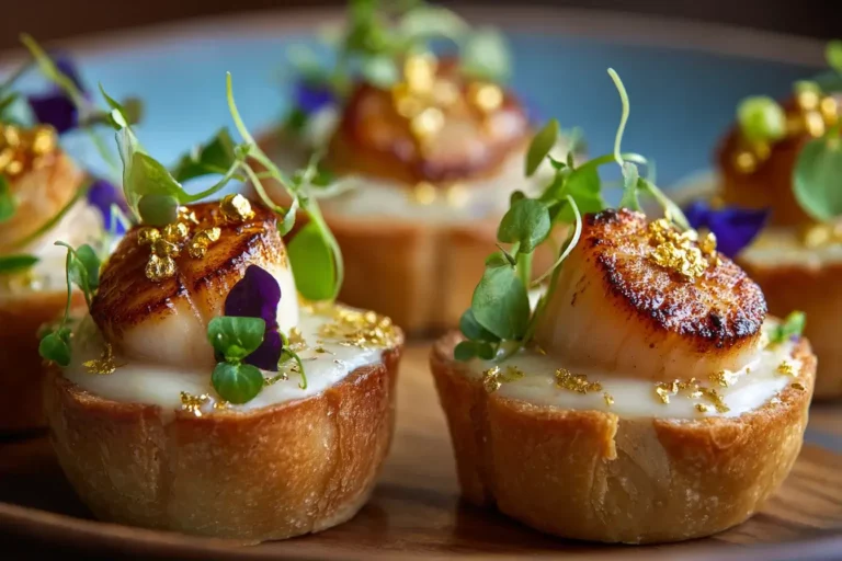 Mini Brioche Cup Filled with Creamy Corn Velouté and Seared Scallop on marble counter