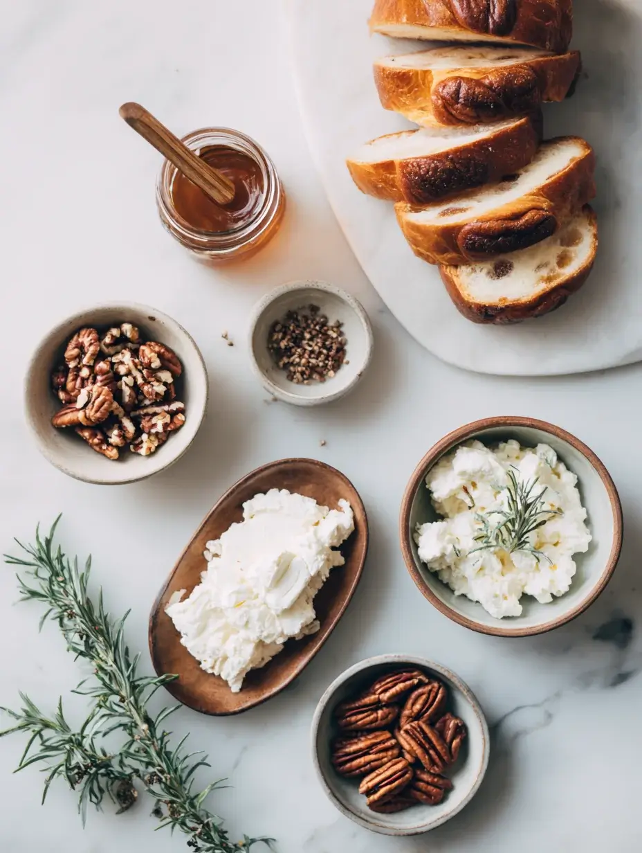 Ingredients for Maple–Pecan Brioche Bites arranged on marble countertop.