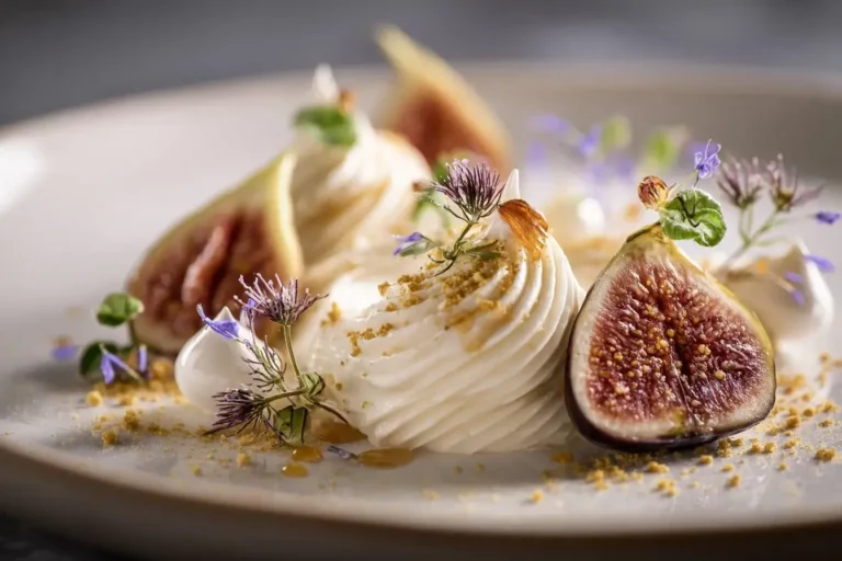 Fig Cream Composition plated with mascarpone quenelle and hazelnut dust