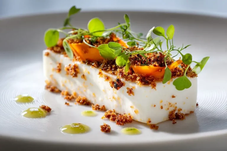 Fresh Cheese Log with carrot silk and cumin crumble on marble plate