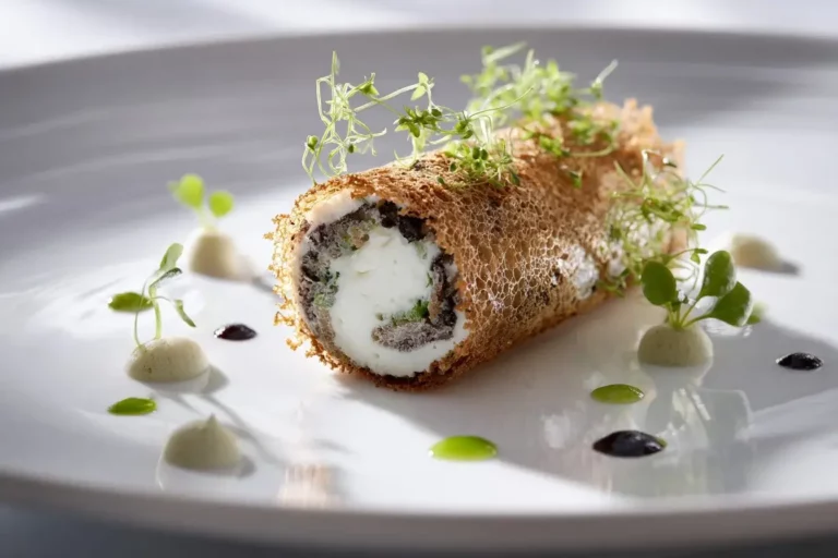 Triple-Cream Cheese Roulade with Mushroom Duxelles and Parmesan Crisp on marble counter.