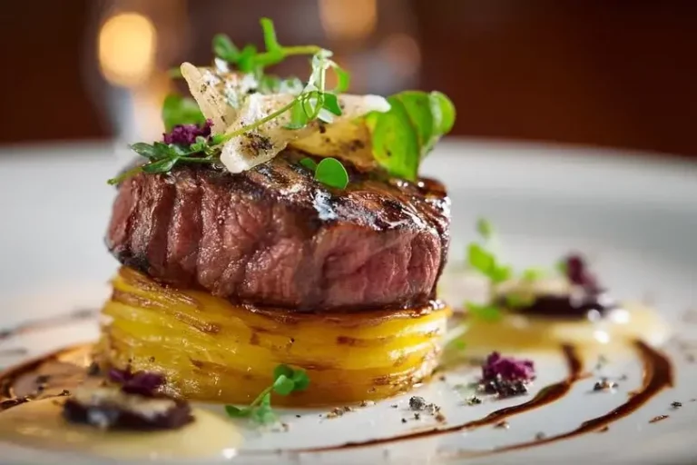 Beef tenderloin with beetroot silk and hazelnut dust served on a white plate in a modern marble kitchen.