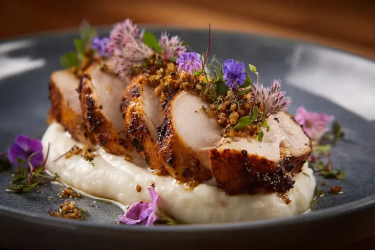 Herb-Crusted Chicken with cauliflower purée and onion petals served on a modern marble counter.