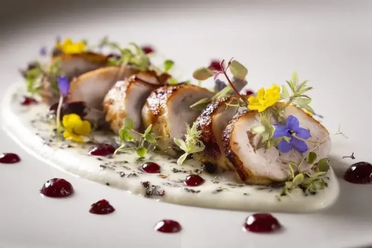 Seared quail breast coins with parsnip cream and cranberry gel on marble countertop.