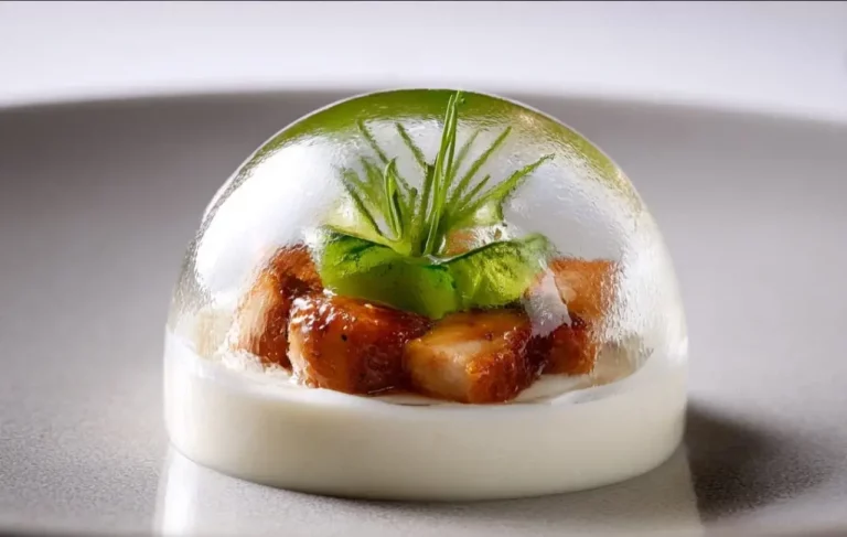 Glass-Domed Chicken with Garlic Cream and herbs served on a marble counter.