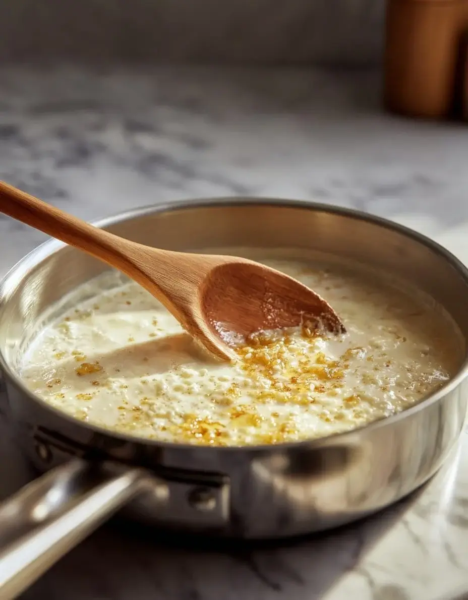 Stirring roasted garlic and cream in a small saucepan over low heat.