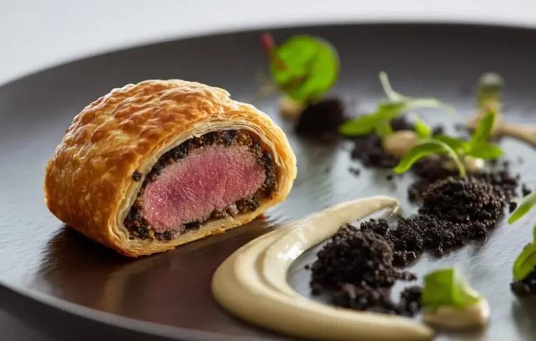 Mini Beef Wellington with mushroom cream and truffle crumb.