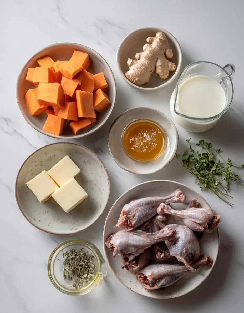 Ingredients for crispy quail leg recipe including quail, sweet potatoes, honey, and ginger.