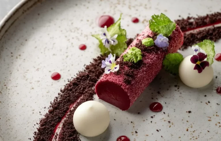 Raspberry Mousse Cylinder plated with beetroot gel, cocoa soil, and vanilla mist sphere