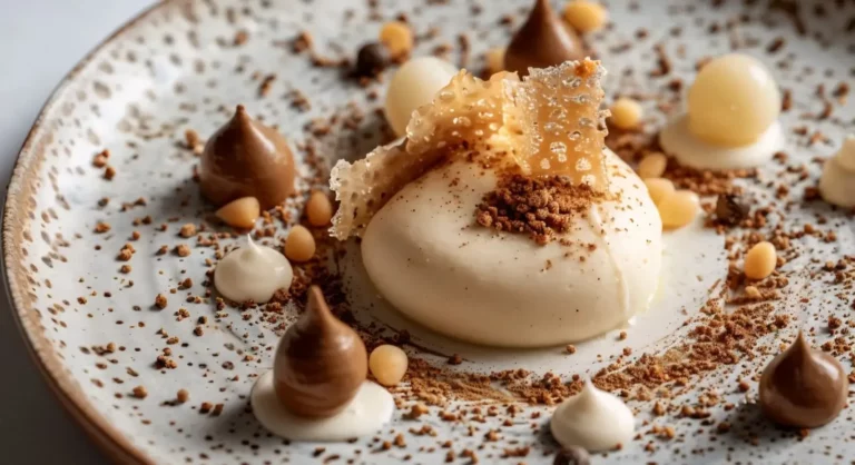 Chestnut mousse plated with pear gel, pine sugar, and crisp milk skin