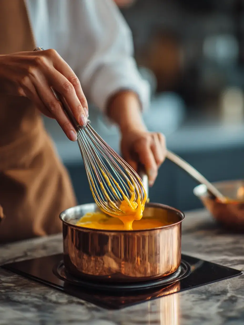 Chef whisking mango and passion fruit purée to create creamy dessert base.