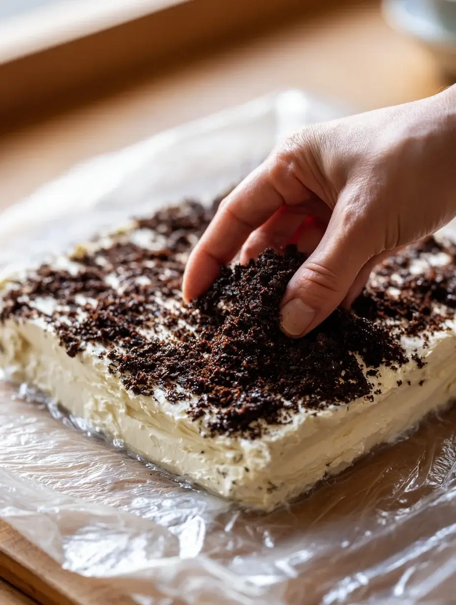 Spreading mushroom duxelles over cheese layer to make roulade.