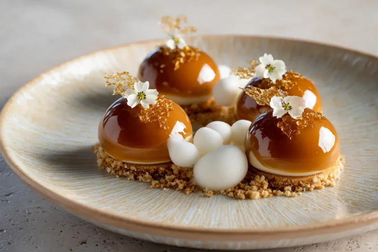 Caramel Silk Domes dessert with brown butter crumble and milk foam on marble counter.