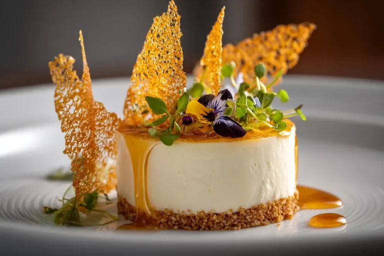 Honey Cheesecake Log with Caramel Tuile and Roasted Grain Soil