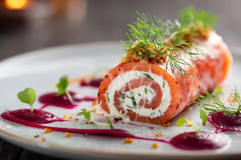 Elegant Salmon Log with dill cream cheese and beetroot purée.