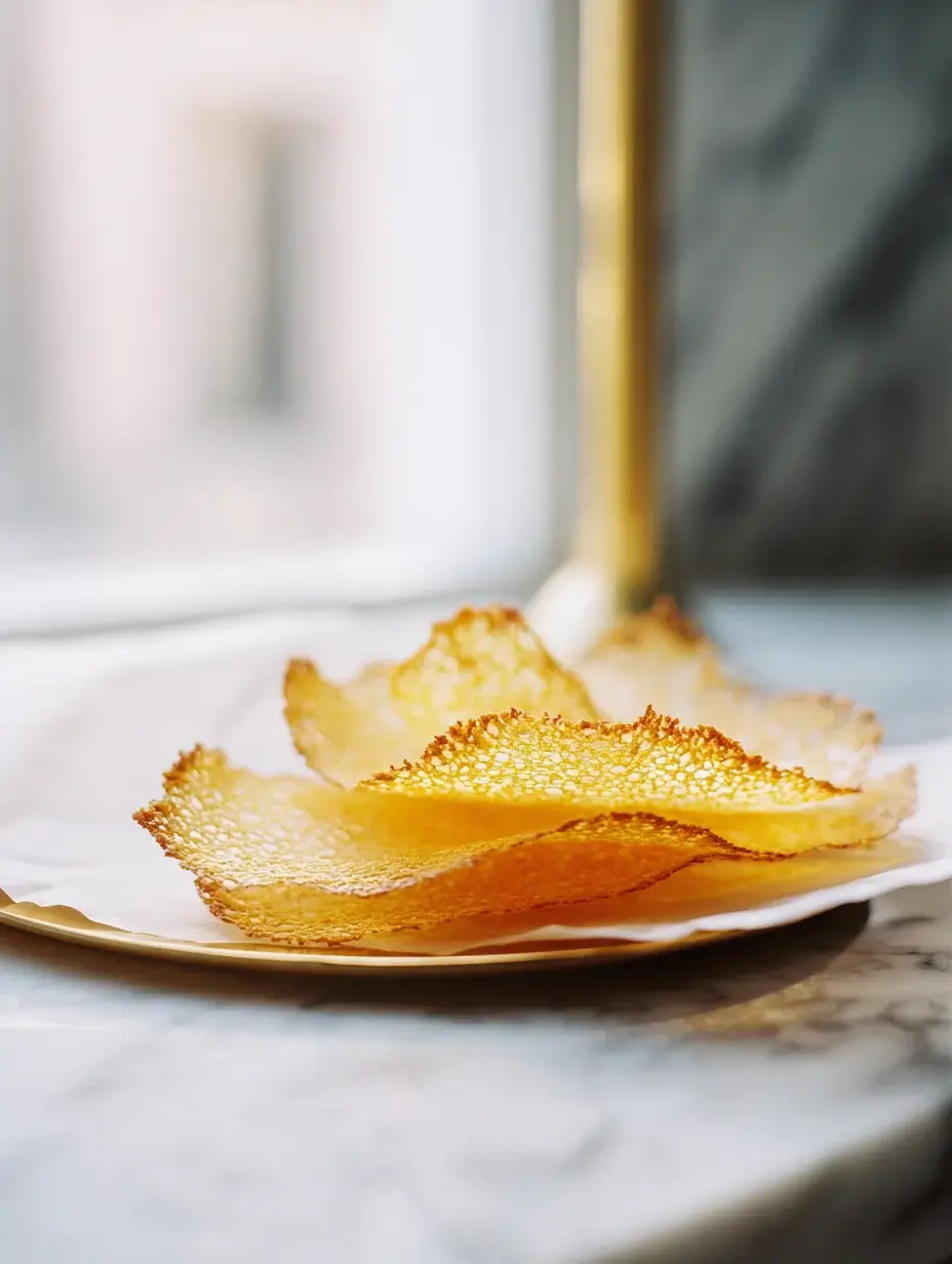 Freshly baked Parmesan crisps cooling on baking sheet.