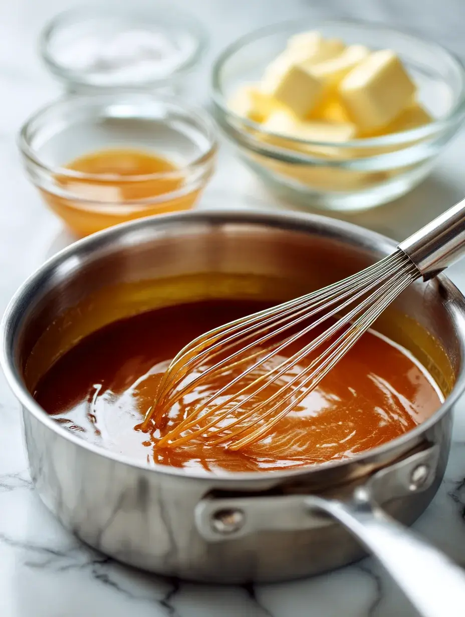 Sugar melting into golden caramel in a saucepan with butter and cream nearby.