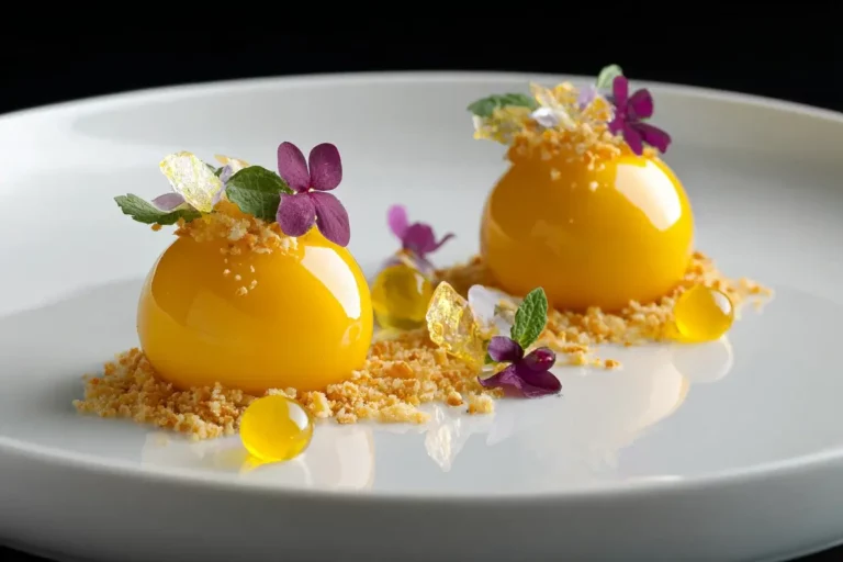 Mango-Passion Crémeux plated with coconut crumble, saffron gel, and isomalt crystals on marble background.