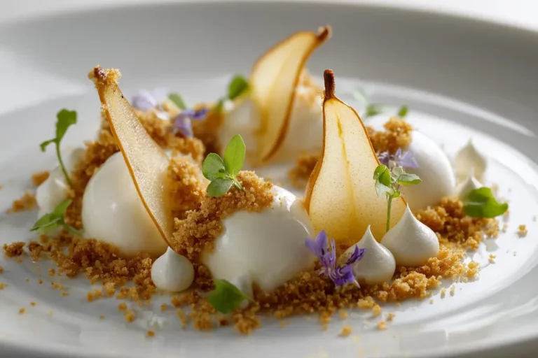 Elegant plated Pear and Vanilla Silk dessert with brown butter crumb and milk foam.