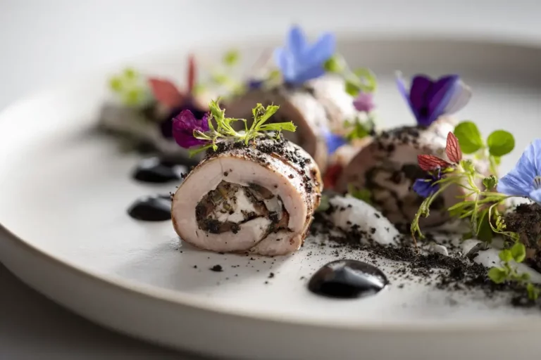 Quail Roulade with Chestnut Cream plated elegantly on marble.