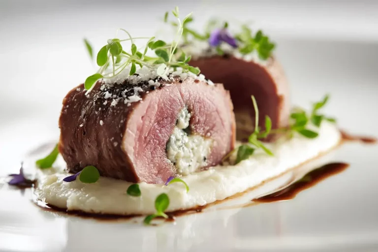 Veal Medallion Wrapped with Parmesan Cream and Celery Root Purée on a marble countertop.