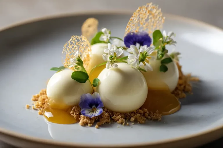 Vanilla Dream Orbs dessert on marble countertop with honey tuile.