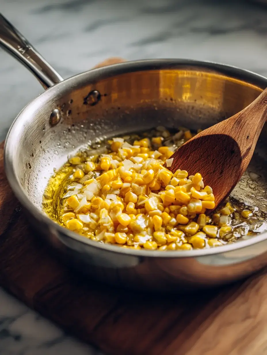 Shallots and corn kernels being sautéed for corn velouté in stainless steel pan.