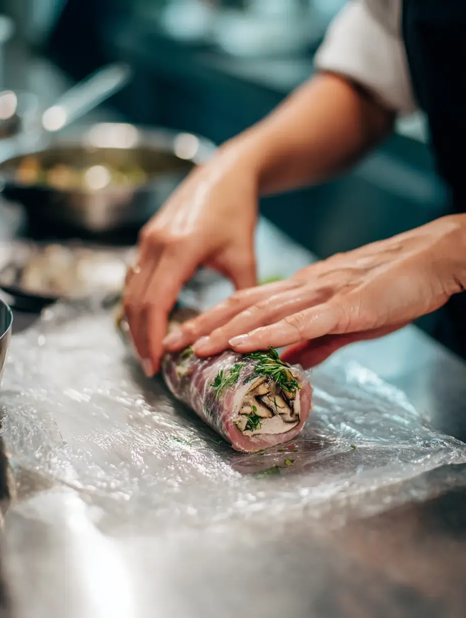 Chef rolling quail roulade with mushroom filling.