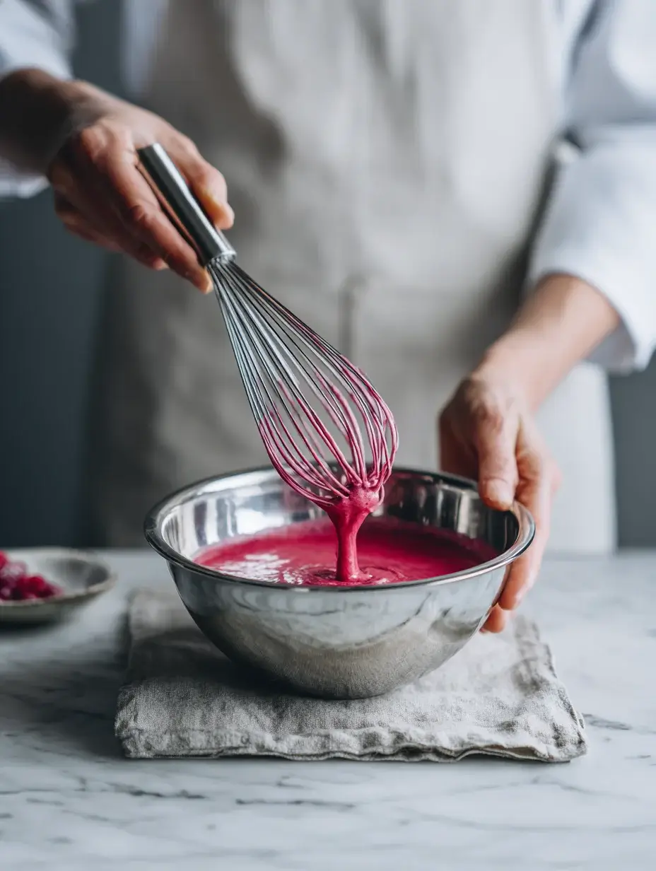Chef whisking raspberry mousse in a stainless bowl on marble counter