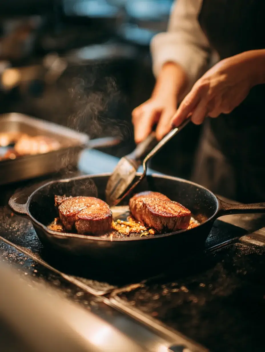 Searing beef tenderloin in a cast-iron skillet until golden brown