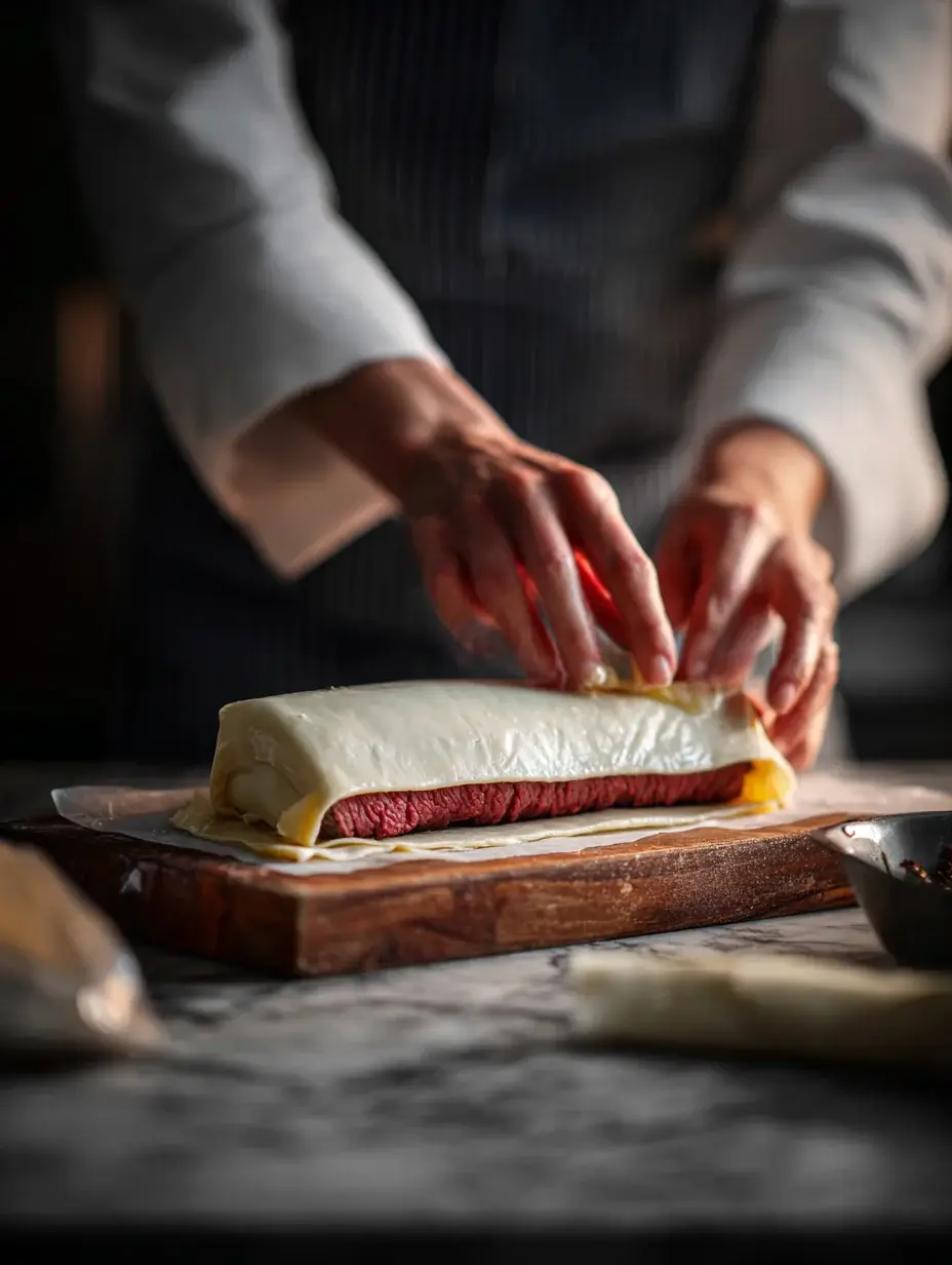 Wrapping beef tenderloin in puff pastry for Mini Beef Wellington.