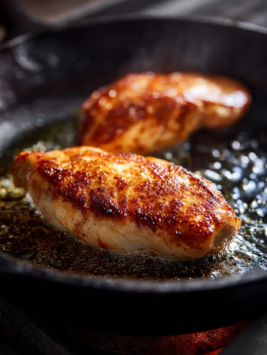 Chicken breast searing in a cast-iron pan for roasted chicken recipe.
