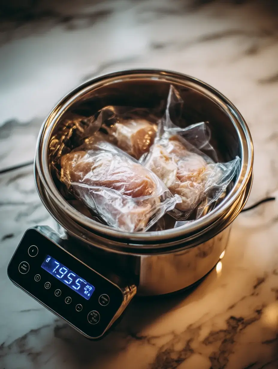 Chicken cooking sous-vide in a precise temperature water bath.